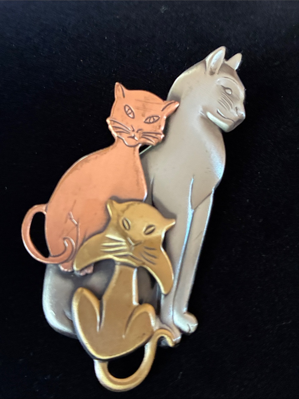 Triple Cat Metal Pin - Silver, Copper & Gold Cat  pendant